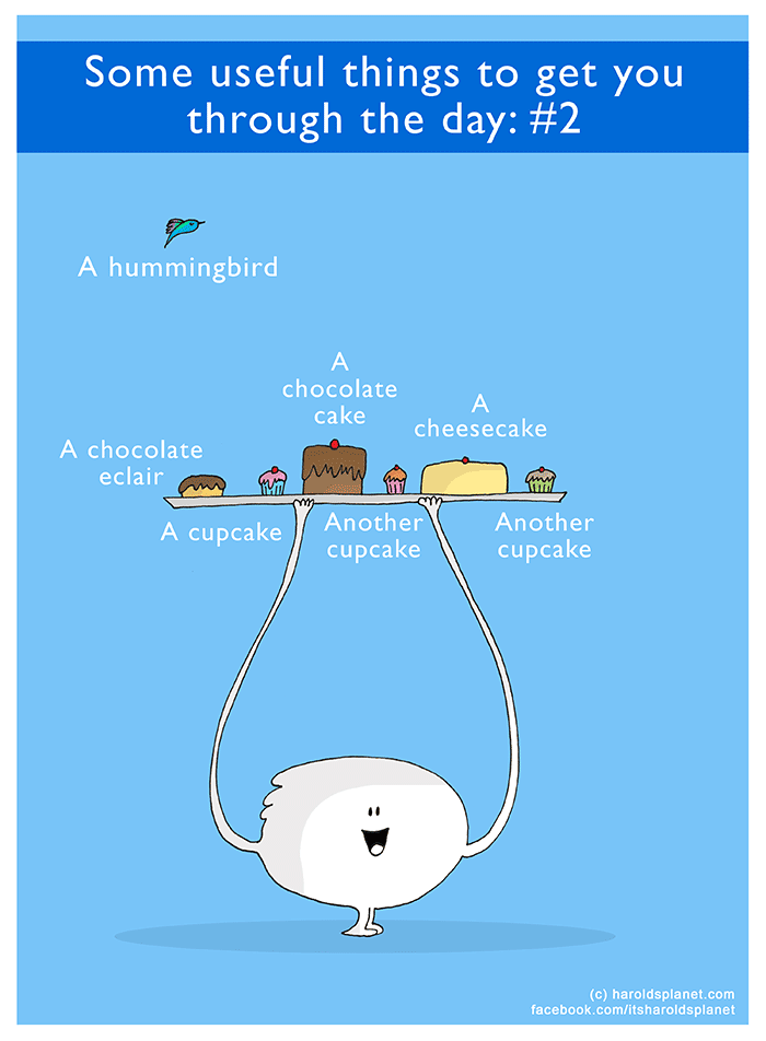 Harold's Planet: Some useful things to get you through the day #2: A hummingbird, A chocolate eclair, A cupcake, A  cheesecake, A  chocolate cake...

