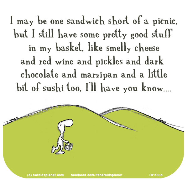 Harold's Planet: I may be one sandwich short of a picnic, but I still have some pretty good stuff  in my basket, like smelly cheese and red wine and pickles and dark chocolate and marzipan and a little bit of sushi too, I’ll have you know....   