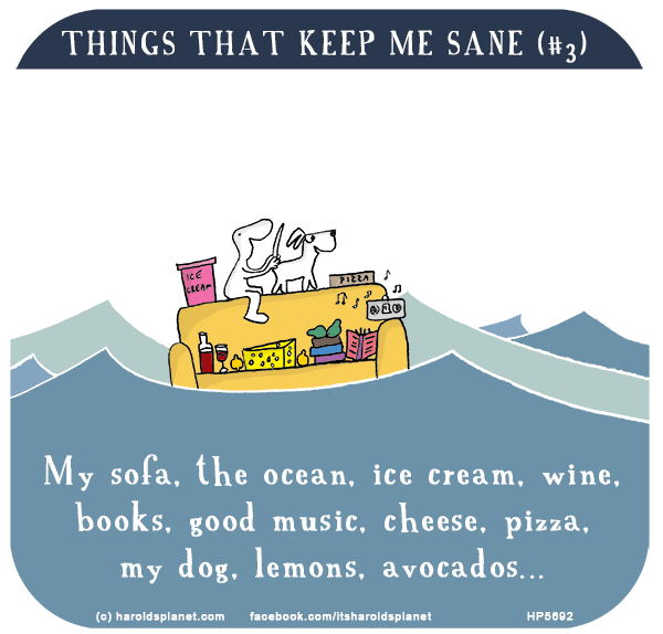 Harold's Planet: Things that keep me sane: My sofa, the ocean, ice cream, wine, books, good music, cheese, pizza, my dog, lemons, avocados...