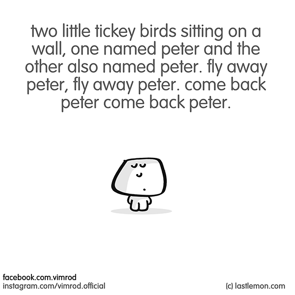 Vimrod: two little tickey birds sitting on a wall, one named peter