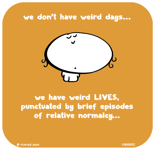 Vimrod: we don’t have weird days...








we have weird LIVES,
punctuated by brief episodes
of relative normalcy...
