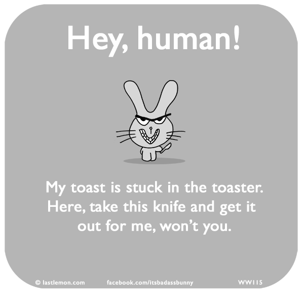 Waitwot: Hey, human! My toast is stuck in the toaster. Here, take this knife and get it  out for me, won’t you.